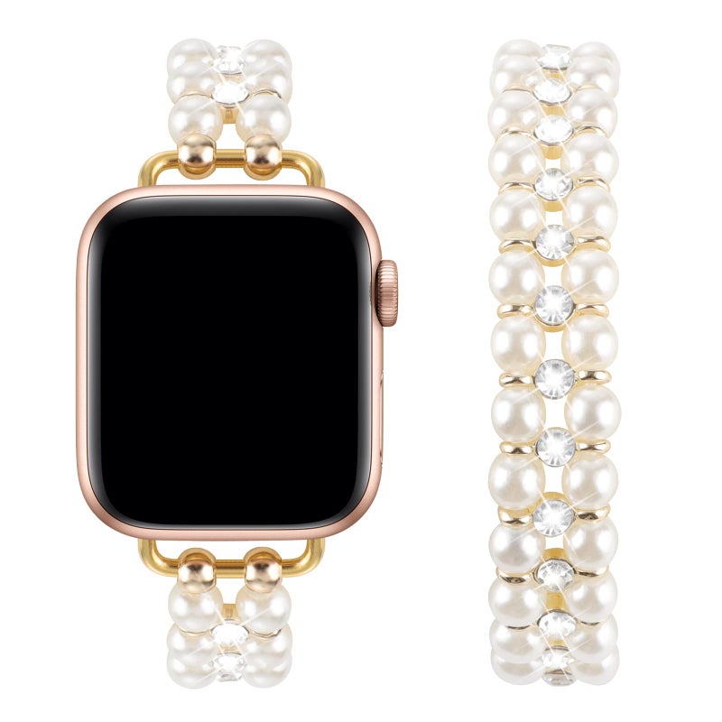 YONWORTH Elastic Pearl Beaded Band Compatible with Apple Watch 38mm 40mm 41mm, Woman Sparkling Bling Diamond Chain Solo Loop Stretch Bracelet Strap Replacement for iWatch Series 8 7 6 5 4 3 2 SE (384041mm - Image 1