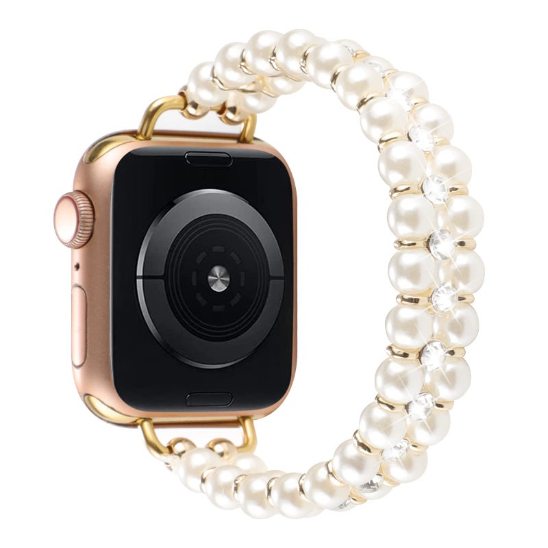 YONWORTH Elastic Pearl Beaded Band Compatible with Apple Watch 38mm 40mm 41mm, Woman Sparkling Bling Diamond Chain Solo Loop Stretch Bracelet Strap Replacement for iWatch Series 8 7 6 5 4 3 2 SE (384041mm - Image 3