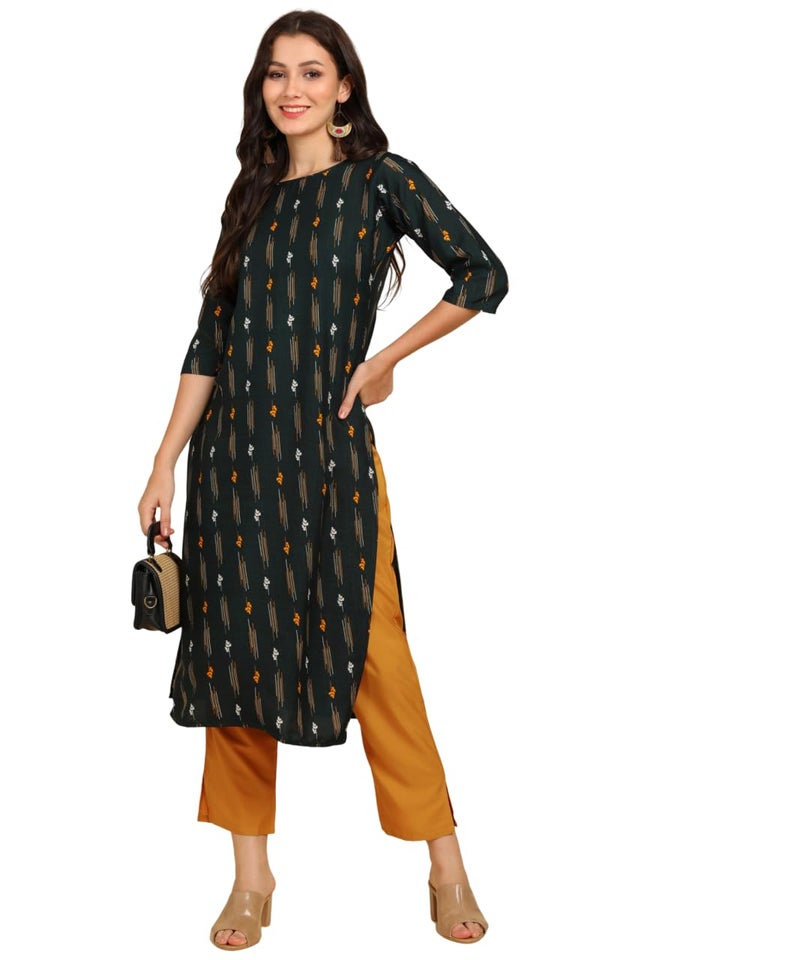 PATLANI Women's A-Line-Calf langth Half Sleeve Crepe Kurti. Green - Image 1