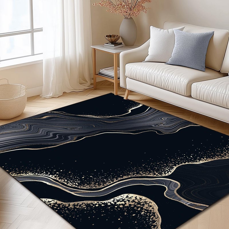 Q.H Abstract Area Rug Carpet Mat 5'x6'for Bedroom Living Room Kids Room Home Decor Indoor Rugs Mat Non Slip Black Gold Marble Geometric Stripes - Image 2