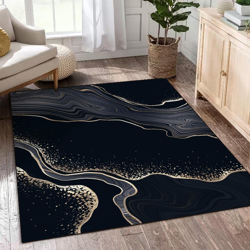 Q.H Abstract Area Rug Carpet Mat 5'x6'for Bedroom Living Room Kids Room Home Decor Indoor Rugs Mat Non Slip Black Gold Marble Geometric Stripes - Image 3