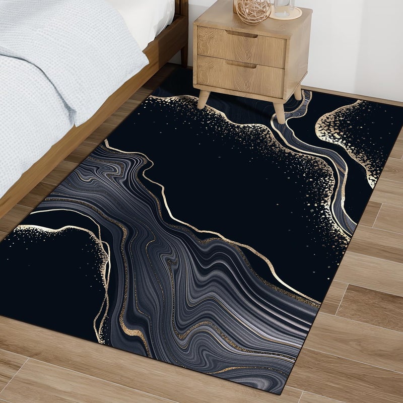 Q.H Abstract Area Rug Carpet Mat 5'x6'for Bedroom Living Room Kids Room Home Decor Indoor Rugs Mat Non Slip Black Gold Marble Geometric Stripes - Image 4