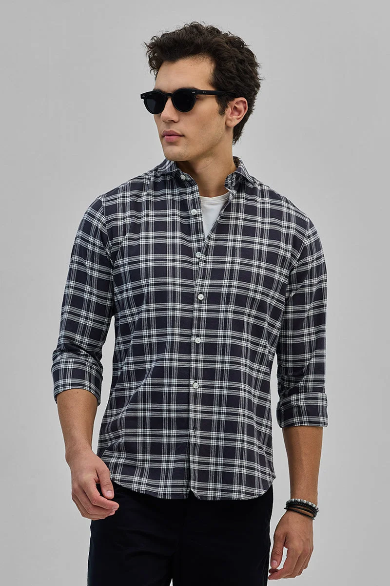 سنيتش Navy Checkered Long Sleeve Slim Fit Casual Shirt