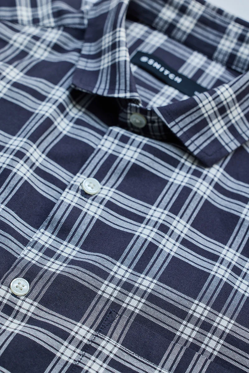 سنيتش Navy Checkered Long Sleeve Slim Fit Casual Shirt
