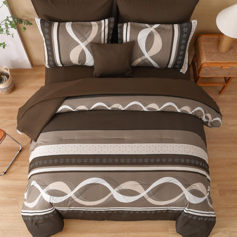 Anibedding Boho Comforter Set,8 Pieces Bed in a Bag Patchwork Striped Comforter Set,Brown Bed Set Queen Size, Soft Microfiber Boho Bedding Set for All Season(90"Ã—90") - Image 2