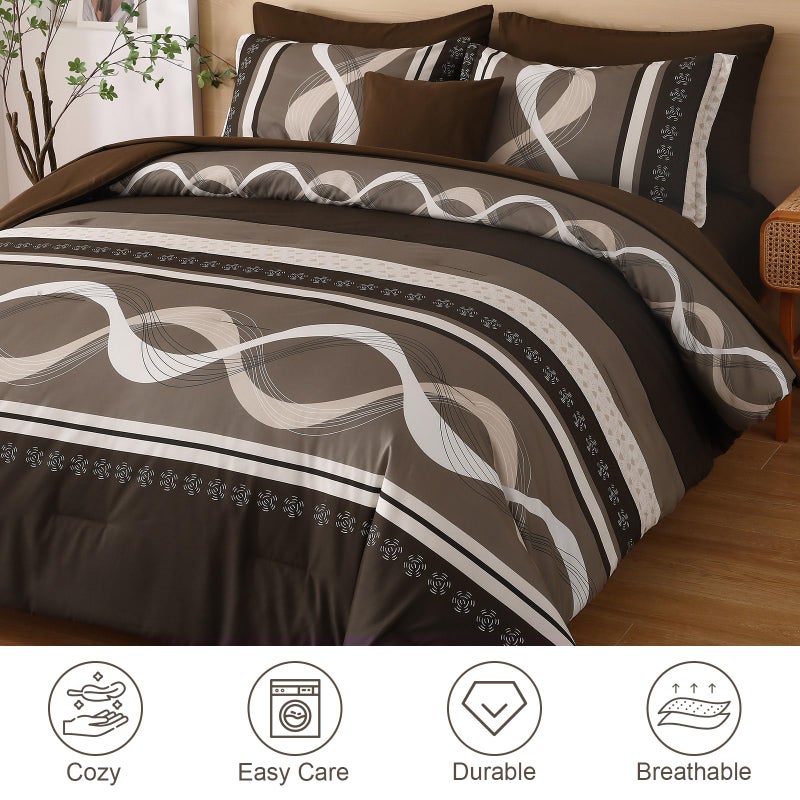 Anibedding Boho Comforter Set,8 Pieces Bed in a Bag Patchwork Striped Comforter Set,Brown Bed Set Queen Size, Soft Microfiber Boho Bedding Set for All Season(90"Ã—90") - Image 3