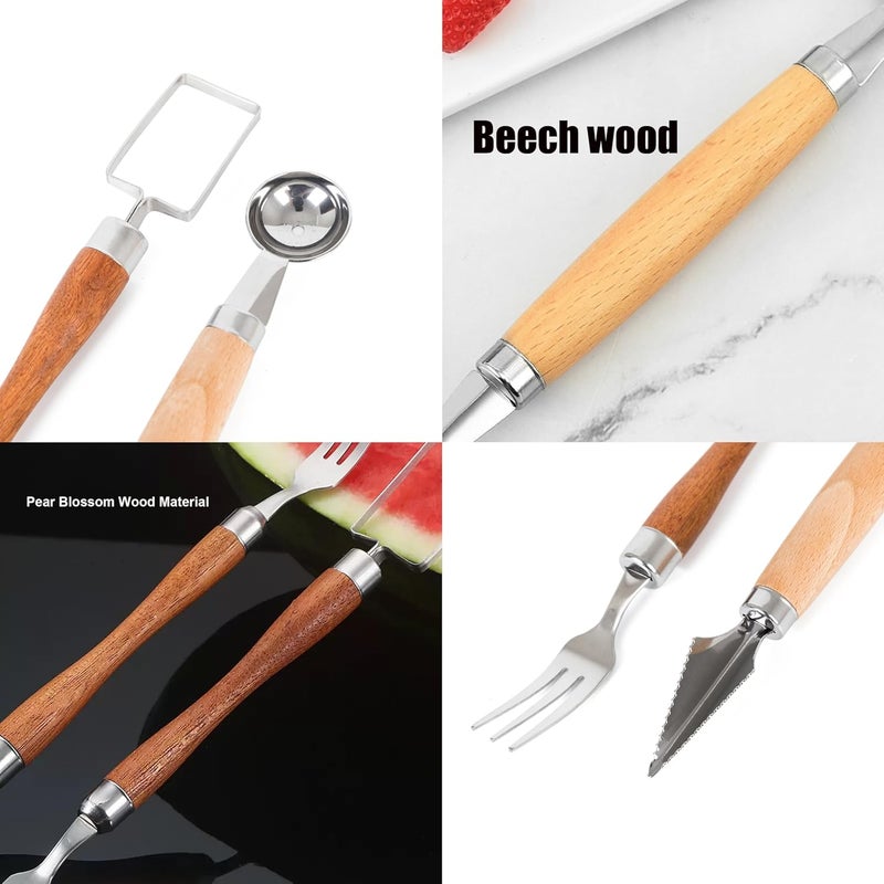 Fving 2-in-1 Stainless Steel Watermelon Cutter Slicer & Forks,Fruit Scoop,Dual Head Melon Slicer Knife with Wooden Handle for Kitchen, Camping, Party (2 Pcs) - Image 3