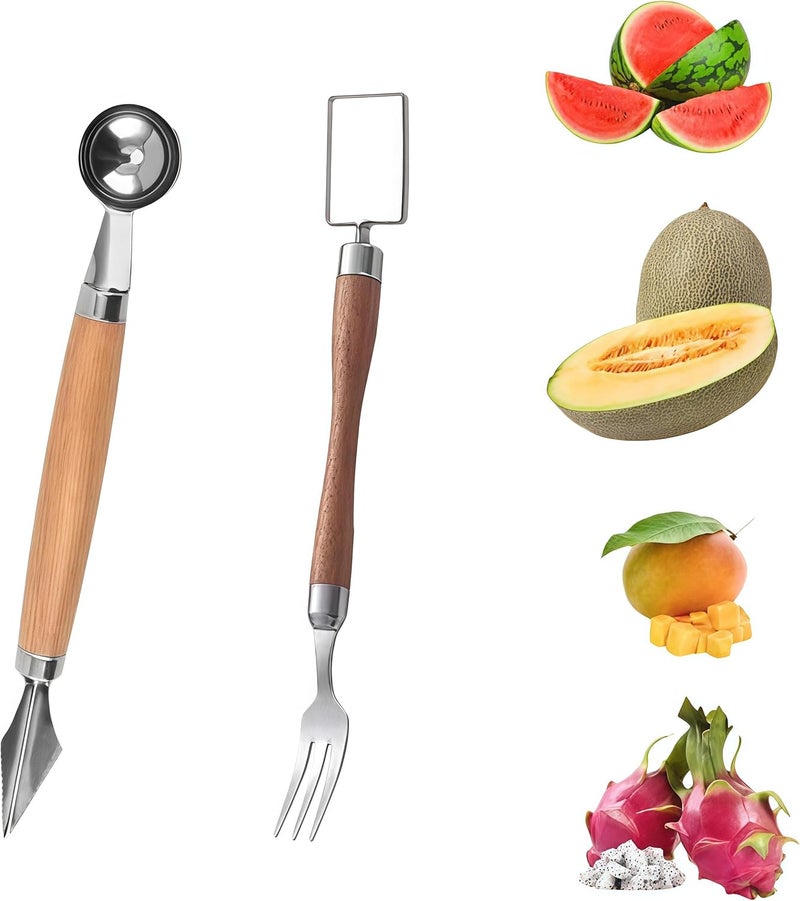 Fving 2-in-1 Stainless Steel Watermelon Cutter Slicer & Forks,Fruit Scoop,Dual Head Melon Slicer Knife with Wooden Handle for Kitchen, Camping, Party (2 Pcs) - Image 1