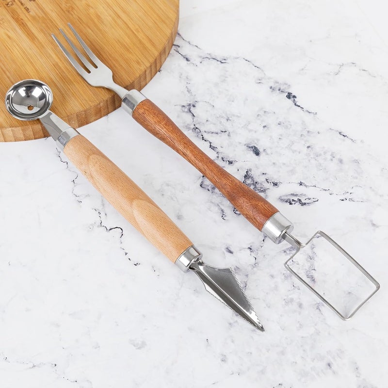 Fving 2-in-1 Stainless Steel Watermelon Cutter Slicer & Forks,Fruit Scoop,Dual Head Melon Slicer Knife with Wooden Handle for Kitchen, Camping, Party (2 Pcs) - Image 4