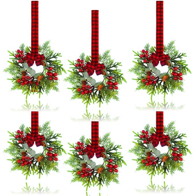 6 PCS SMALL CHRISTMAS WREATH MINI WREATHS WITH RED BERRY PINE EUCALYPTUS CHRISTMAS WREATHS FOR DOOR KITCHEN CABINETS WINDOW FIREPLACES DECOR