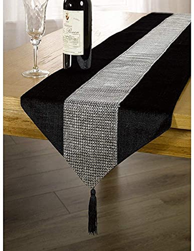 OZXCHIXU 13inch x 72inch Table Runner with Diamante Strip and Tassels(Black) - Image 1