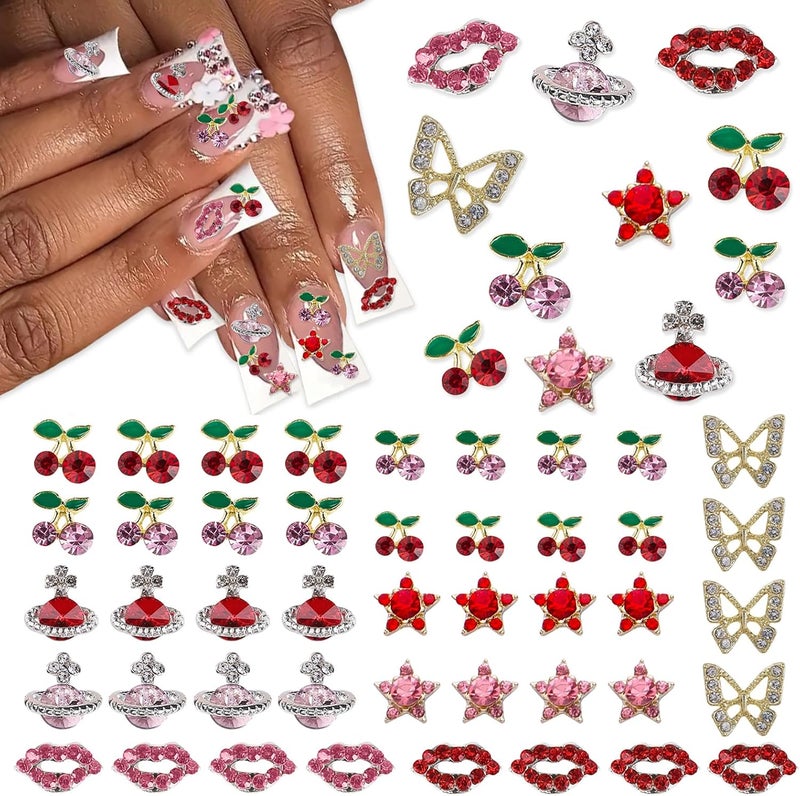 KYLELOVE 55 Pcs Cherry Nail Charms Rhinestone Red Pink Cherries Nail Art Gems Star Planet Butterfly Nail Jewelry Decorations Saturn Shape Acrylic Nail Charm Accessories for Women Girl DIY Crafts - Image 1