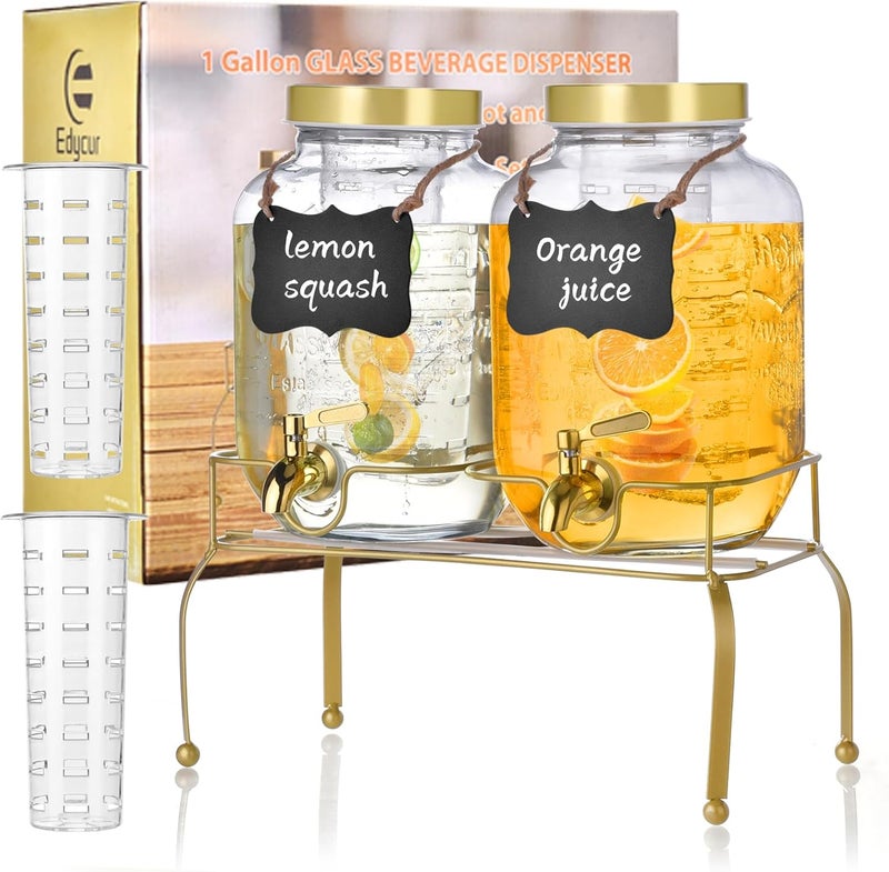 Edycur 1 Gallon Glass Drink Dispenser Set of 2 – Drink Dispensers for Parties, Beverage Dispenser with Stand & 100% Leakproof Spigot, Ideal for Lemonade, Juice, Iced Tea, Laundry Detergent Dispenser - Image 1