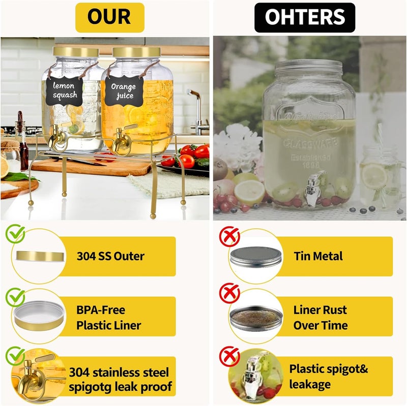 Edycur 1 Gallon Glass Drink Dispenser Set of 2 – Drink Dispensers for Parties, Beverage Dispenser with Stand & 100% Leakproof Spigot, Ideal for Lemonade, Juice, Iced Tea, Laundry Detergent Dispenser - Image 2