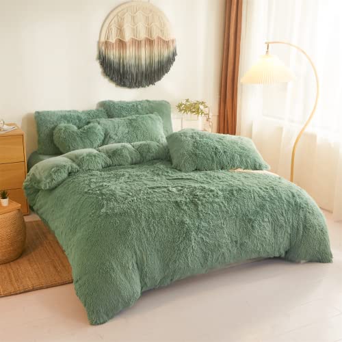 Besfunny Shaggy Duvet Cover 5 Set, Fluffy Faux Fur Green Comforter Set Queen - Plush Ultra Soft Crystal Velvet Fluffy Green Bedding, Furry 5 Sets Pieces Queen Bed Set(Full/Queen,) - Image 2