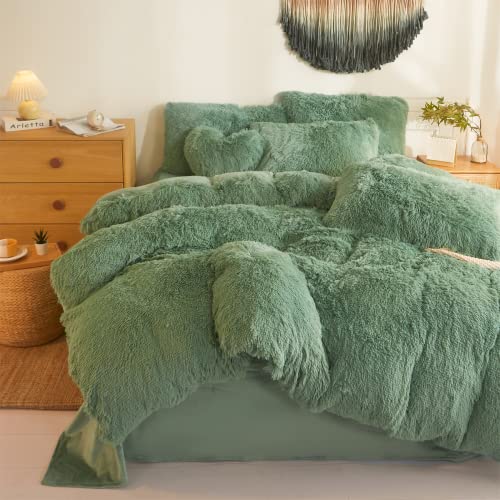 Besfunny Shaggy Duvet Cover 5 Set, Fluffy Faux Fur Green Comforter Set Queen - Plush Ultra Soft Crystal Velvet Fluffy Green Bedding, Furry 5 Sets Pieces Queen Bed Set(Full/Queen,) - Image 5