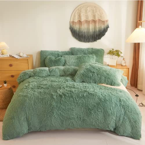 Besfunny Shaggy Duvet Cover 5 Set, Fluffy Faux Fur Green Comforter Set Queen - Plush Ultra Soft Crystal Velvet Fluffy Green Bedding, Furry 5 Sets Pieces Queen Bed Set(Full/Queen,) - Image 1