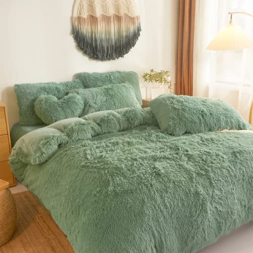 Besfunny Shaggy Duvet Cover 5 Set, Fluffy Faux Fur Green Comforter Set Queen - Plush Ultra Soft Crystal Velvet Fluffy Green Bedding, Furry 5 Sets Pieces Queen Bed Set(Full/Queen,) - Image 3