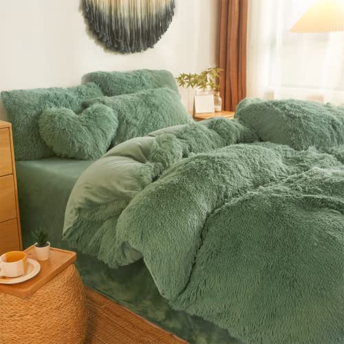 Besfunny Shaggy Duvet Cover 5 Set, Fluffy Faux Fur Green Comforter Set Queen - Plush Ultra Soft Crystal Velvet Fluffy Green Bedding, Furry 5 Sets Pieces Queen Bed Set(Full/Queen,) - Image 4