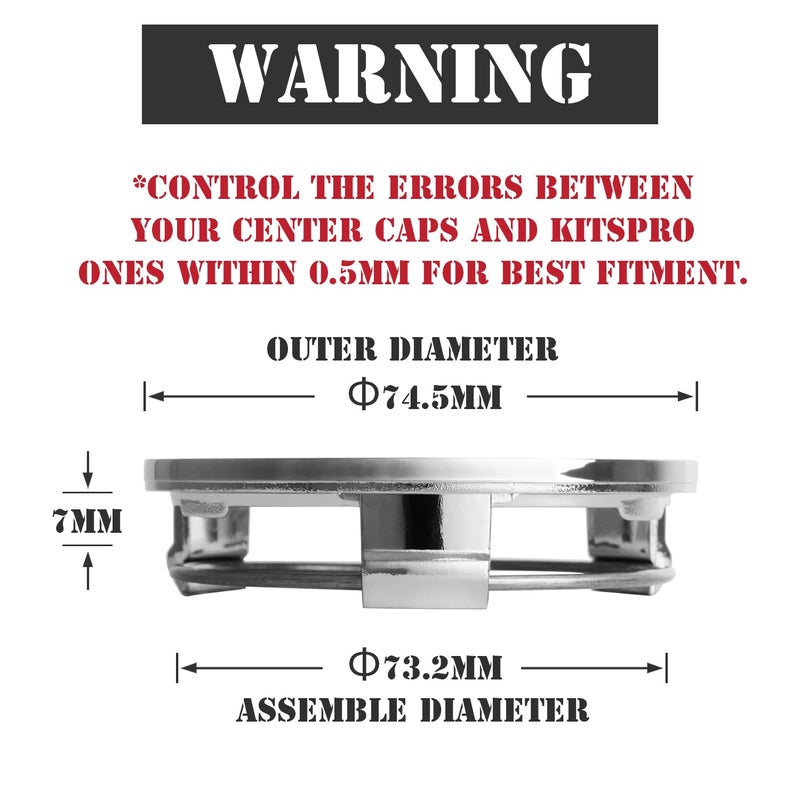 KitsPro أغطية مركز العجلات KitsPro 2.9 بوصة 75 مم، عبوة من 4 (كروم، خارجي 75 مم، داخلي 73 مم) - Image 2