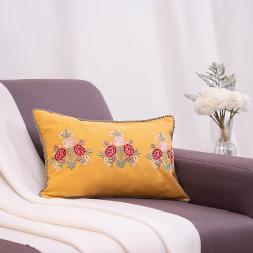 haus & kinder Decorative Embroidered Sham Cushion Cover Set of 1, Cotton Throw Pillow Cushion Cover 12x18 Inch for Sofa, Couch & Living Room Decor, Soft Breathable Rectangle Cushion Case - Image 1