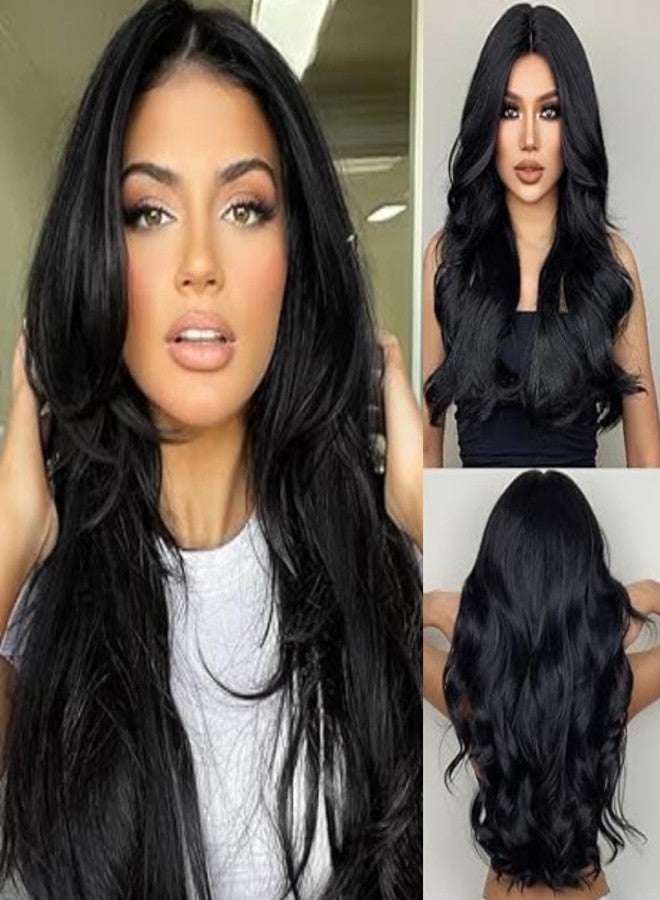 بلوشيا شعر مستعار طويل صناعي كامل الرأس للنساء من BLUSHIA بطول 24 بوصة / شعر مستعار / مظهر طبيعي / شعر مستعار صناعي أنيق للاستخدام اليومي وحفلات التنكر (أسود) - Image 1