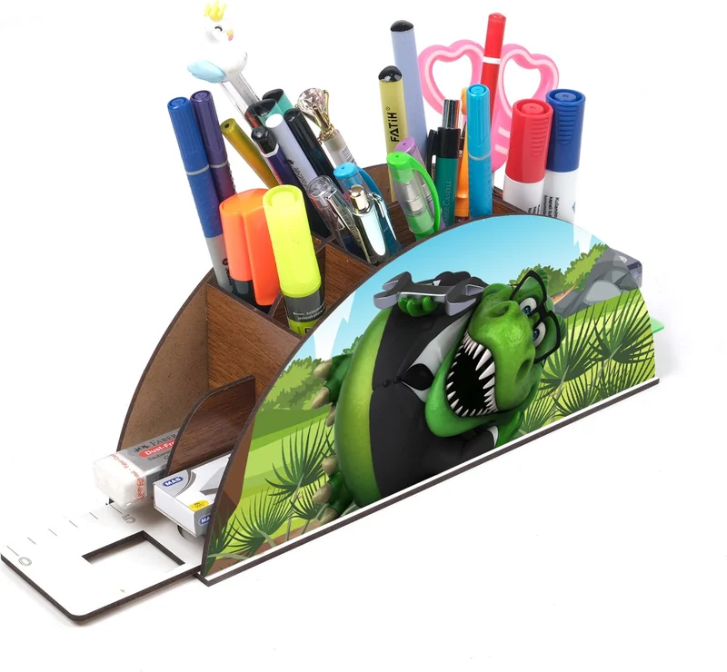 Notpa Wooden Dinosaur Trex Green Rainbow Ruler Desktop Pen Holder Box Organizer For Kids GK18