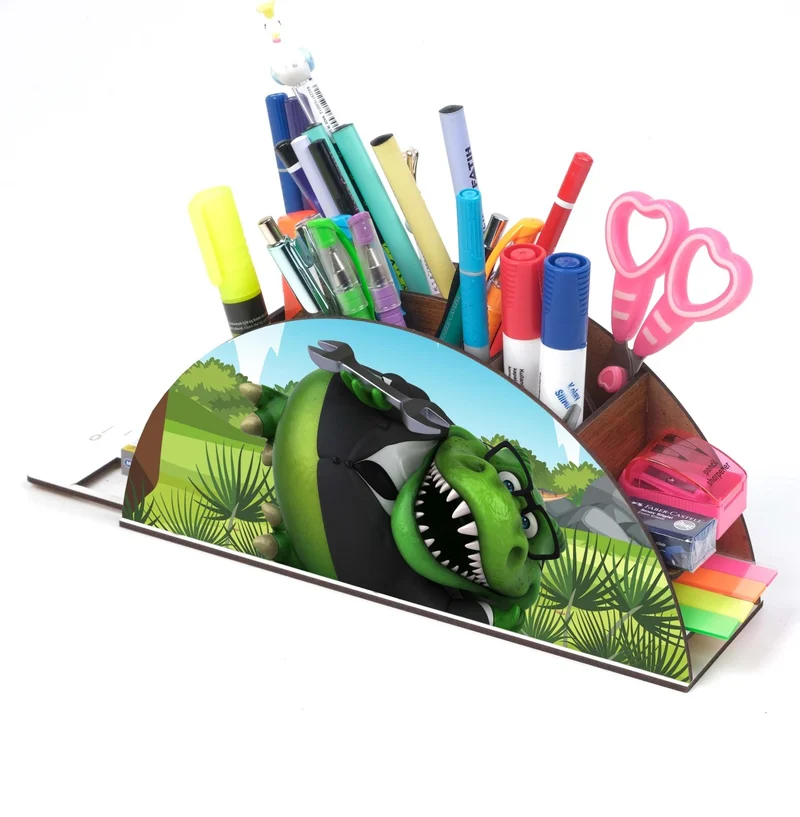 Notpa Wooden Dinosaur Trex Green Rainbow Ruler Desktop Pen Holder Box Organizer For Kids GK18
