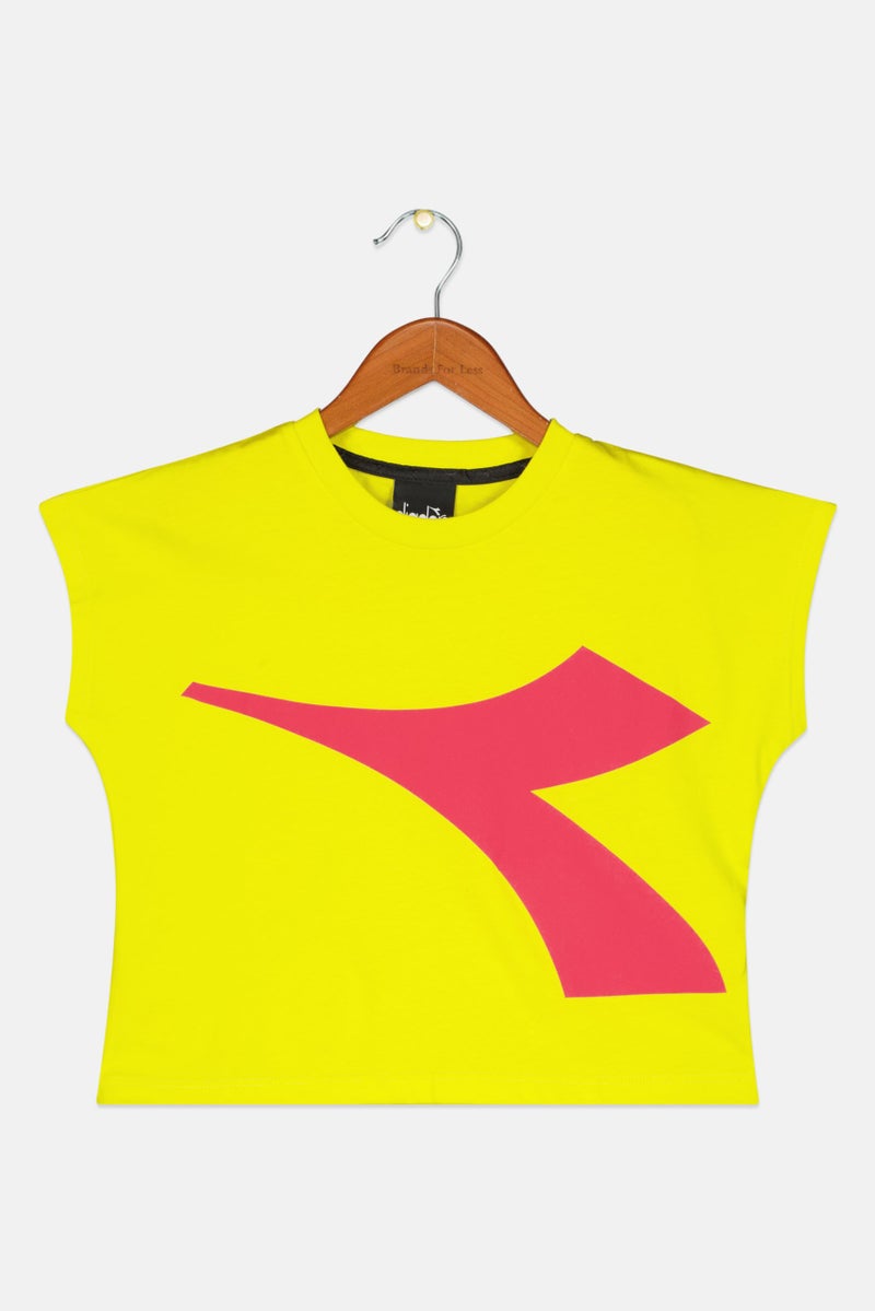 DIADORA Kids Girl Cap Sleeve Brand Logo Top, Lime/Pink - Image 1