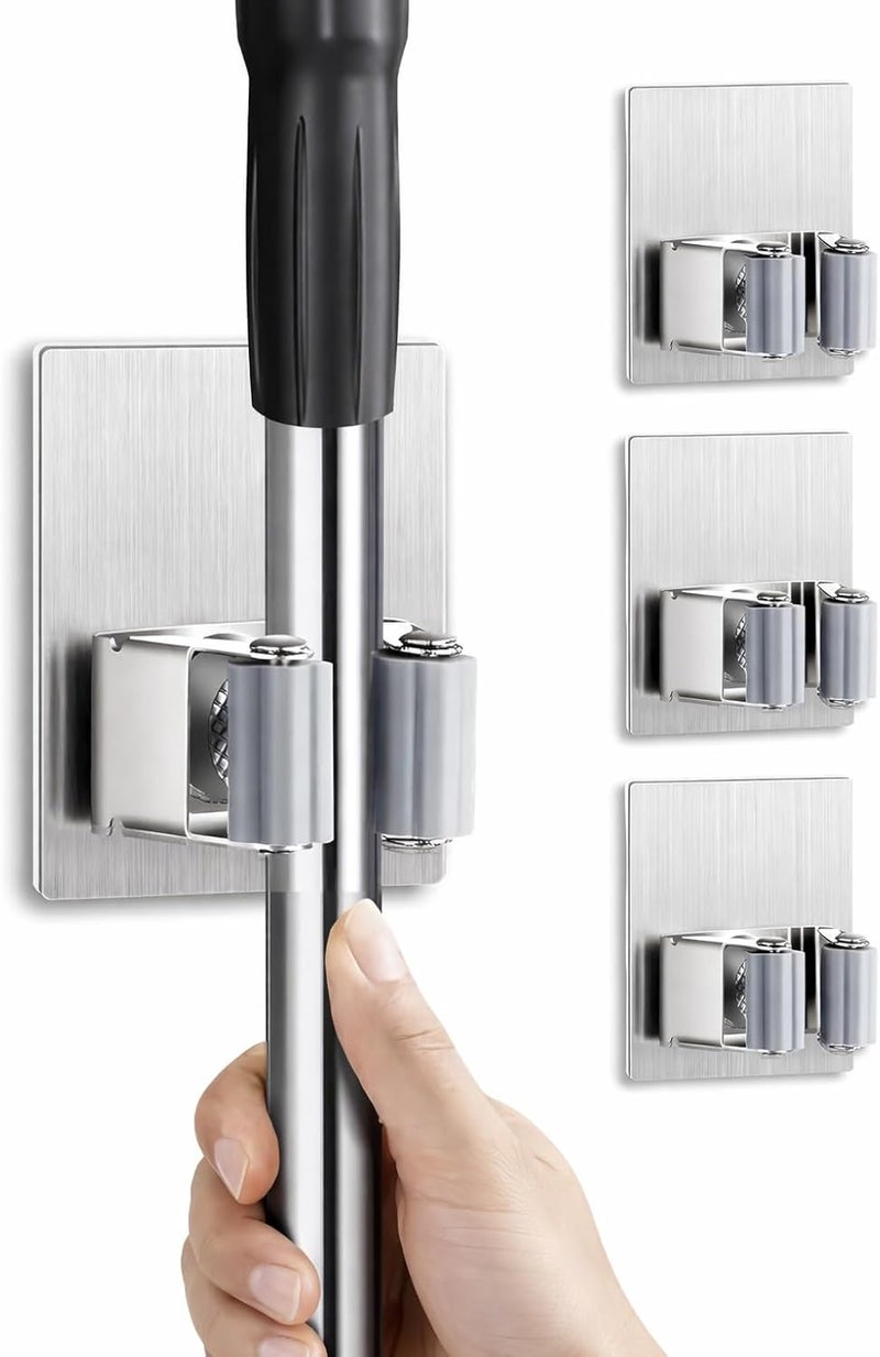 UREVO 4 PCS Self Adhesive Mop and Broom Holder Wall Mount - 304 Stainless Steel Waterproof Holders for Kitchen and Bathroom - Image 1