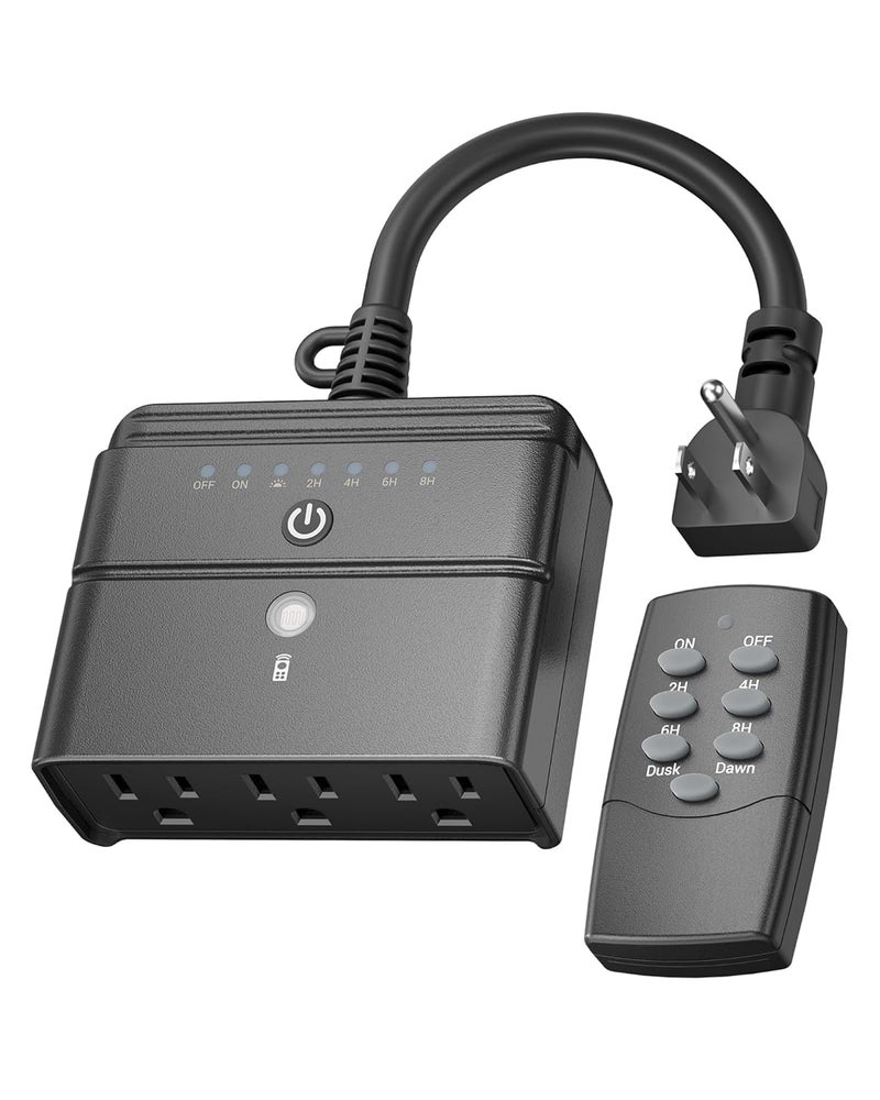 BN-LINK Outdoor Light Timer, Waterproof Plug-in Dusk-to-Dawn Controller with 3 Grounded Outlets for Christmas & Halloween String Lights, 15A 1/2HP, ETL Listed, 100 ft RF Range, Remote Included - Image 1