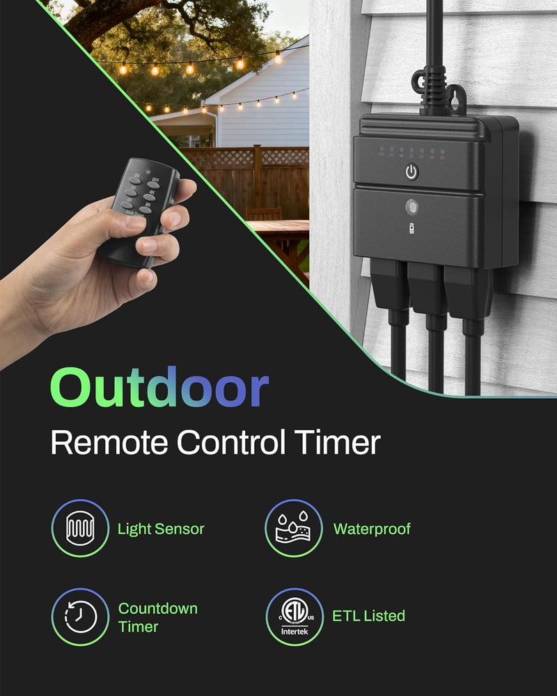 BN-LINK Outdoor Light Timer, Waterproof Plug-in Dusk-to-Dawn Controller with 3 Grounded Outlets for Christmas & Halloween String Lights, 15A 1/2HP, ETL Listed, 100 ft RF Range, Remote Included - Image 2