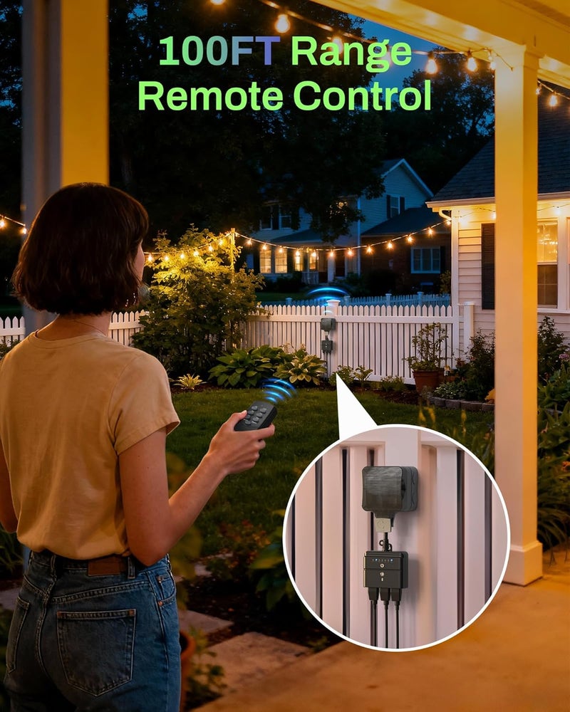 BN-LINK Outdoor Light Timer, Waterproof Plug-in Dusk-to-Dawn Controller with 3 Grounded Outlets for Christmas & Halloween String Lights, 15A 1/2HP, ETL Listed, 100 ft RF Range, Remote Included - Image 3