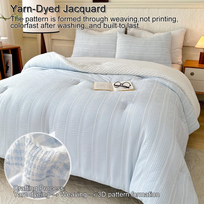 tohrisa Boho Comforter Set Queen Size - 3 Pieces Lightweight Jacquard Seersucker Bedding Sets (1 Soft Fluffy Grid Comforter & 2 Pillowcases) - All Seasons Cozy Modern Bed Set(90"x90" Sky Blue) - Image 2