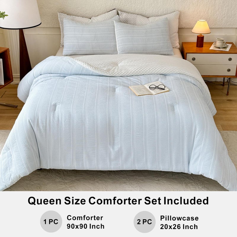 tohrisa Boho Comforter Set Queen Size - 3 Pieces Lightweight Jacquard Seersucker Bedding Sets (1 Soft Fluffy Grid Comforter & 2 Pillowcases) - All Seasons Cozy Modern Bed Set(90"x90" Sky Blue) - Image 5