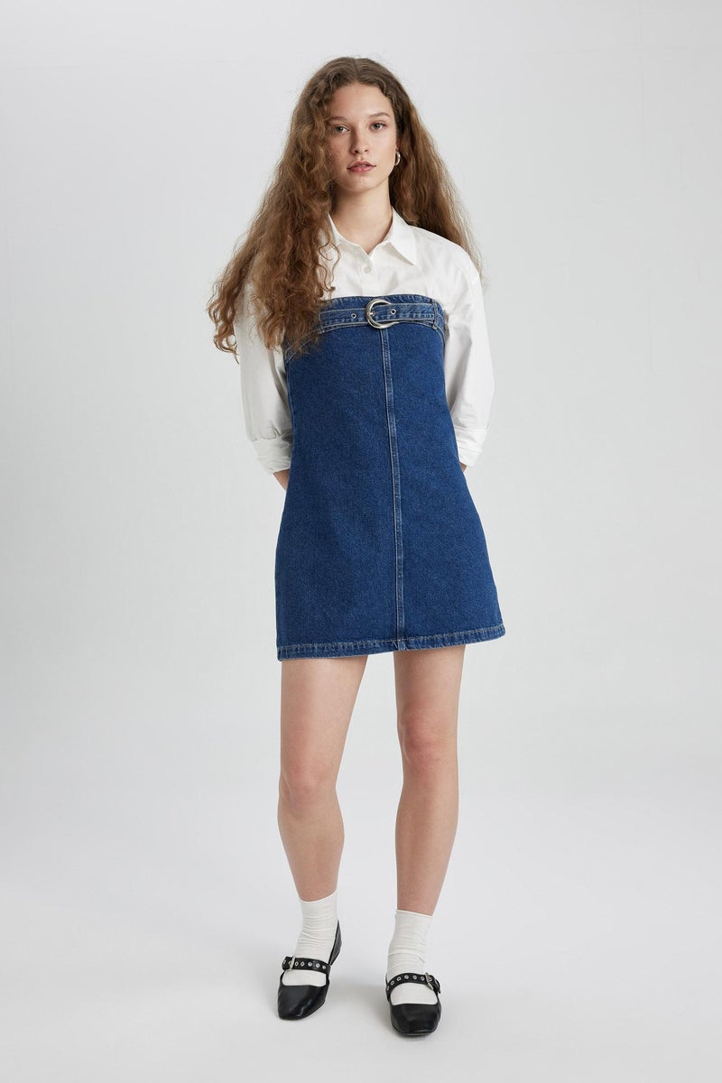 DeFacto Blue Woman Fashion Fit Strapless Jean Mini Dress Casual - Image 4