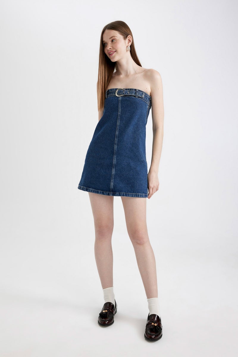 DeFacto Blue Woman Fashion Fit Strapless Jean Mini Dress Casual - Image 3