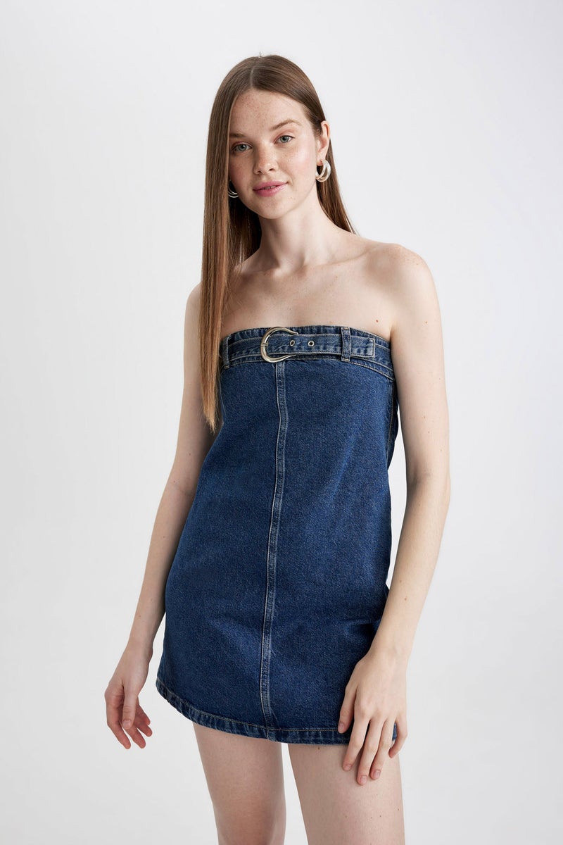 DeFacto Blue Woman Fashion Fit Strapless Denim Mini Dress Casual - Image 3