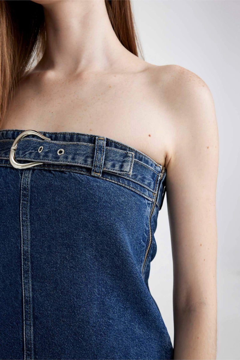 DeFacto Blue Woman Fashion Fit Strapless Denim Mini Dress Casual - Image 4