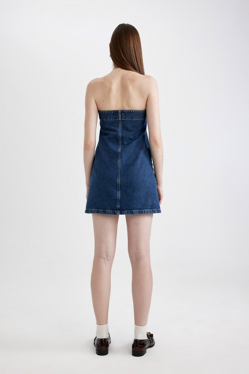 DeFacto Blue Woman Fashion Fit Strapless Denim Mini Dress Casual - Image 5