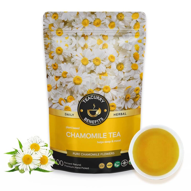 TEACURRY Chamomile Pure Tea (100 Grams, 100 Cups) - Helps with sleep, heart, sugar levels - Caffeine Free Chamomile Tea - Image 1
