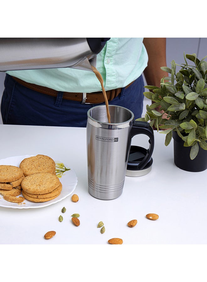 Royalford Travel Mug With Double Wall Stainless Steel Portable & Leak Proof Silver 470ml - Image 4