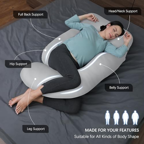 MOON PARK Pregnancy Pillows for Sleeping - U Shaped Full Body Maternity Pillow with Removable Cover - Support for Back, Legs, Belly, HIPS - 57 Inch - Light Grey - Cooling Cover - Image 2