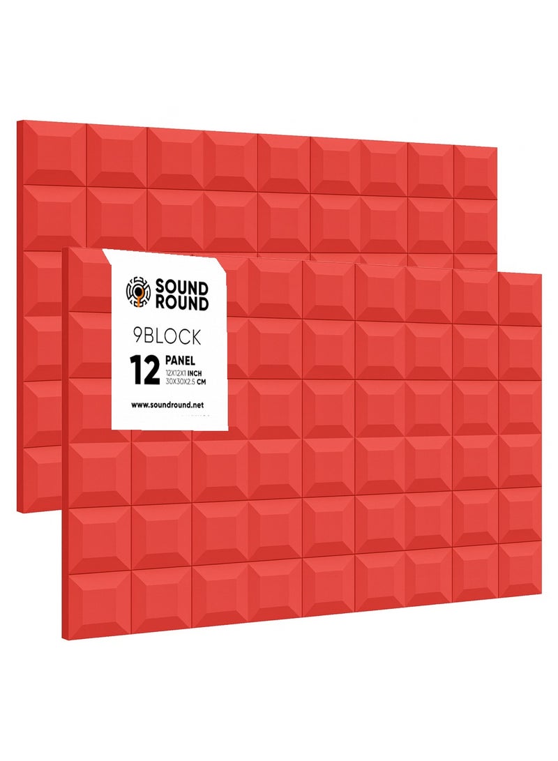 ساوند راوند ألواح الفوم الصوتي SoundRound مقاس 12×12×1 بوصة – عزل صوت احترافي بتصميم 9Block – للتحكم في الصدى ومعالجة السينما المنزلية – ألواح عالية الكثافة – 12 قطعة  - احمر مرجاني - Image 1