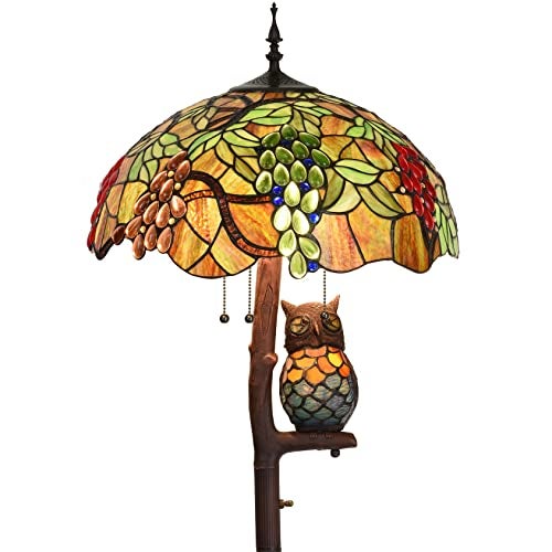 Bieye L10766 Grapes Tiffany Style Stained Glass Double-Lit Floor Lamp with Owl Night Light, 18" Wx65 H - Image 1