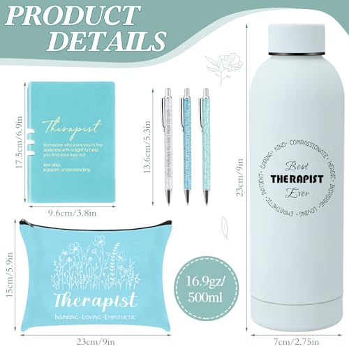 Marspark 6 Pcs Therapy Appreciation Gifts for Women with Stainless Steel Water Bottle Printed Bag and Pen A5 Notebook Makeup Bag Set for Appreciation Gift Mental PsychologyGreen - Image 3