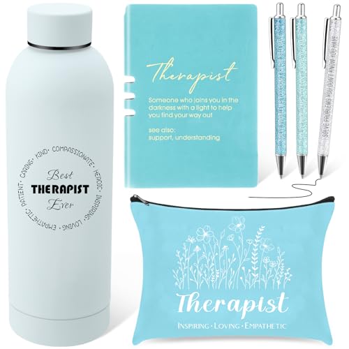 Marspark 6 Pcs Therapy Appreciation Gifts for Women with Stainless Steel Water Bottle Printed Bag and Pen A5 Notebook Makeup Bag Set for Appreciation Gift Mental PsychologyGreen - Image 1