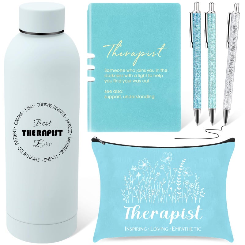 Marspark 6 Pcs Therapy Appreciation Gifts for Women with Stainless Steel Water Bottle Printed Bag and Pen A5 Notebook Makeup Bag Set for Appreciation Gift Mental PsychologyGreen - Image 2
