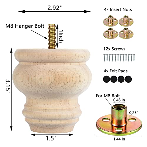 Michanco 3 Inch Unfinished Bun Feet Set of 4 Wood Furniture Legs Replacement Wooden Legs for Sofa Couch Cabinet Ottoman - Image 5