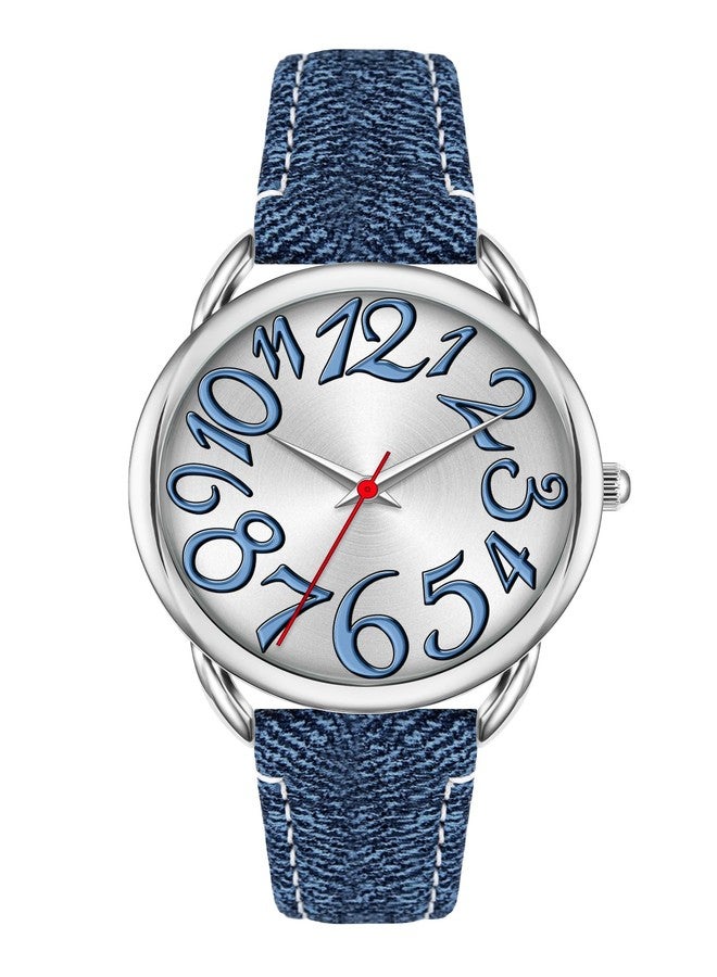 Bisley Women Watch Big Arabic Numbers Dial Easy to Read Blue Denim Leather Strap Watch - Image 1